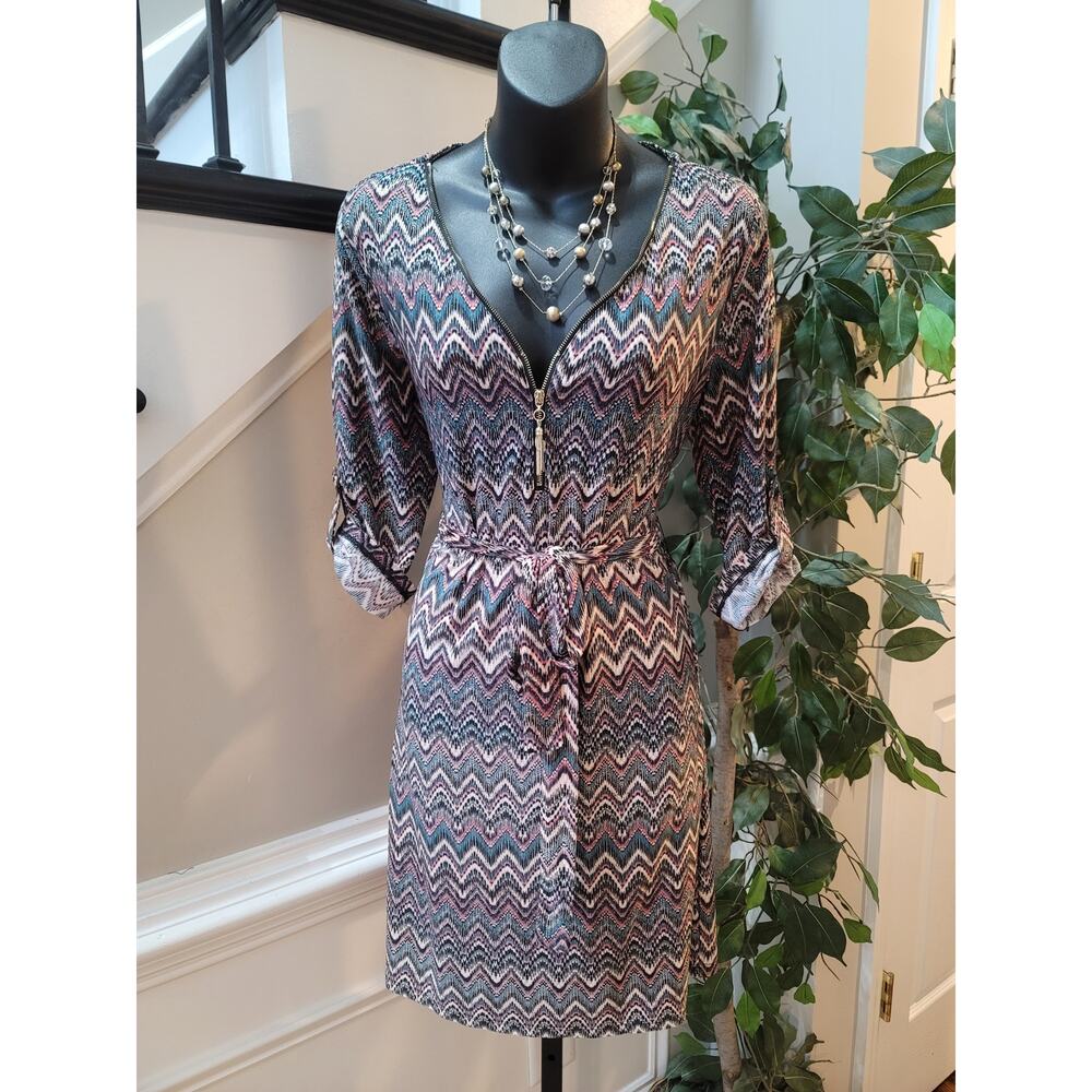 Tacera Dress Womens Small Multicolor Chevron Print V Neck Belted Long Sleeves